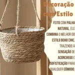 🔥 Cesto Vaso Cachepo De Palha Decorativo Sala Varanda Jardim Cor Palha Natural - Imagem 2
