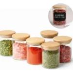 🔥 Kit com 6 Potes Organizadores de Vidro de 200ml 4Fitness, Tampa em Bambu, Vedação Hermética, Porta Temperos, Acompanha Etiquetas e Caneta