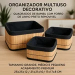 🔥 3 Cestos Caixa Organizador De Palha E Bambu Com Forro De Linho Cor Preto Decora Ambiente E Organiza Sala Quarto Armário Escritório Cozinha Banheiro Cesto Multiuso Boho Moderno Material Premium - Imagem 2