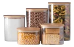 🔥 Kit 05 Potes Herméticos De Vidro Com Tampa De Bambu E Silicone Recipiente Armazenamento De Alimentos Jogo Porta Mantimentos Temperos Pote De Condimentos Organizador De Cozinha Multifuncional
