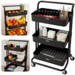 🔥 Carrinho Organizador Cesto Auxiliar 3 Prateleiras Divisória Multiuso Com Roda E Alça Manicure Fruteira Pintura Cozinha Escritório Banheiro Cor Preto Irsina