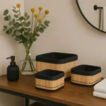 🔥 3 Cestos Caixa Organizador De Palha E Bambu Com Forro De Linho Cor Preto Decora Ambiente E Organiza Sala Quarto Armário Escritório Cozinha Banheiro Cesto Multiuso Boho Moderno Material Premium - Imagem 4
