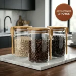 🔥 Kit 3 Potes Herméticos Vidro Borossilicato 550ml Tampa Bambu Colher Porta Mantimentos Café Açúcar Sal Temperos Condimentos Alimentos Secos Organizador Cozinha Vedação Silicone Hermético Honey Play Box