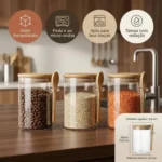 🔥 Kit 3 Potes Herméticos Vidro Borossilicato 550ml Tampa Bambu Colher Porta Mantimentos Café Açúcar Sal Temperos Condimentos Alimentos Secos Organizador Cozinha Vedação Silicone Hermético Honey Play Box - Imagem 2