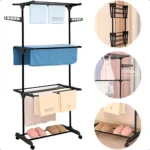 🔥 Varal Dobrável De Chão 3 Andares De Roupas Grande Com Rodinha Aba Lateral Retrátil Para Cabide Lavanderia Apartamento Casa Cor Preto Irsina