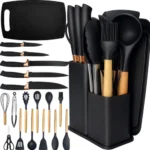 🔥 Kit Utensílios Silicone C/ Cabo De Madeira E Facas Em Inox