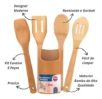 🔥 Kit De Utensílios Bambu 5 Peças Pau Colher Garfo Espátulas - Imagem 3