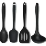🔥 Kit 4 Utensílios Silicone Preto Espátulas Colher E Concha