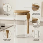 🔥 Kit 3 Potes Herméticos Vidro Borossilicato 550ml Tampa Bambu Colher Porta Mantimentos Café Açúcar Sal Temperos Condimentos Alimentos Secos Organizador Cozinha Vedação Silicone Hermético Honey Play Box - Imagem 4